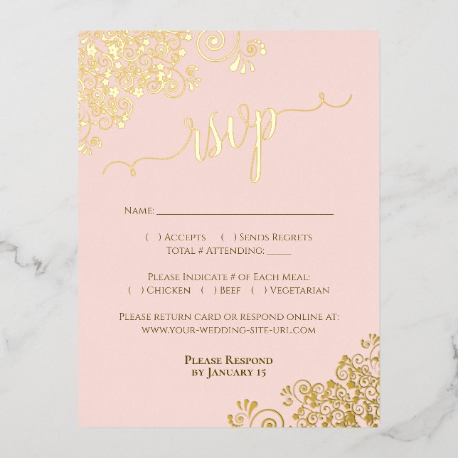 Elegant Gold Foil on Blush Pink Wedding RSVP Card (Front)
