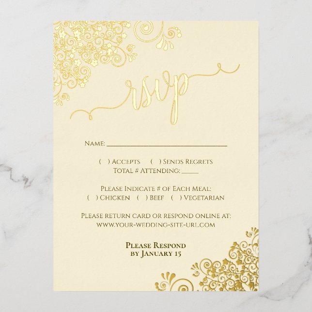 Elegant Gold Foil on Cream Wedding RSVP Card (Front)