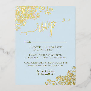 Elegant Gold Foil on Light Blue Wedding RSVP Card