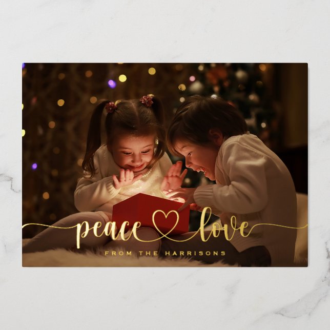 Elegant Gold Foil Peace Love Heart Holiday Card (Front)