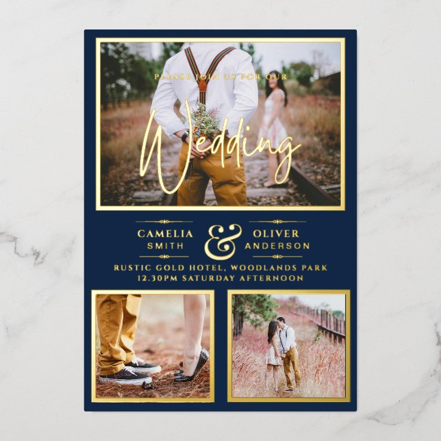 Elegant GOLD FOIL Photo Collage Navy Blue Wedding (Front)