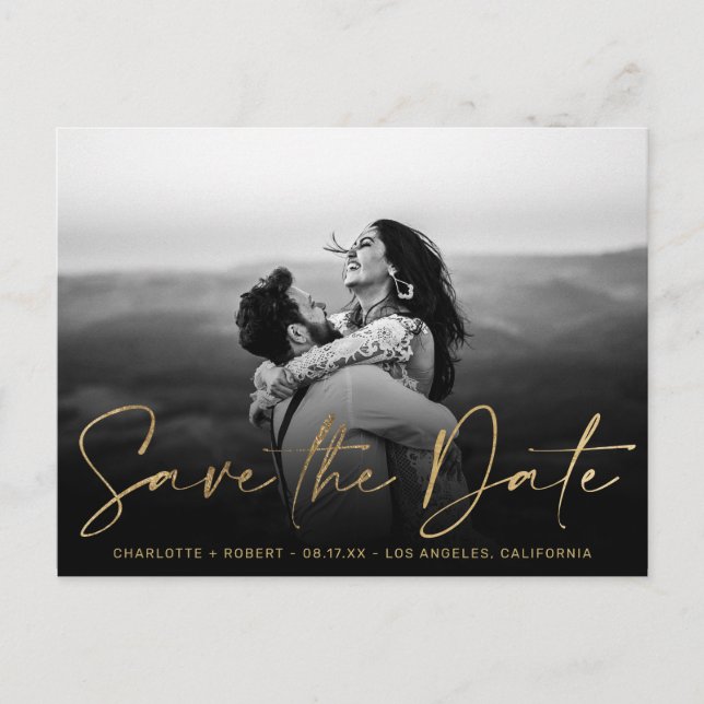 Elegant gold foil photo wedding save the date announcement postcard (Front)