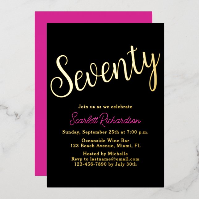 Elegant Gold Foil Pink Black 70th Birthday Party (Front/Back)