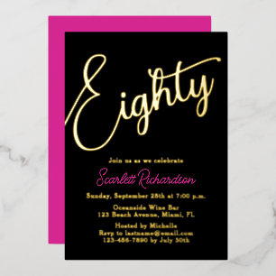 Elegant Gold Foil Pink Black 80th Birthday Party