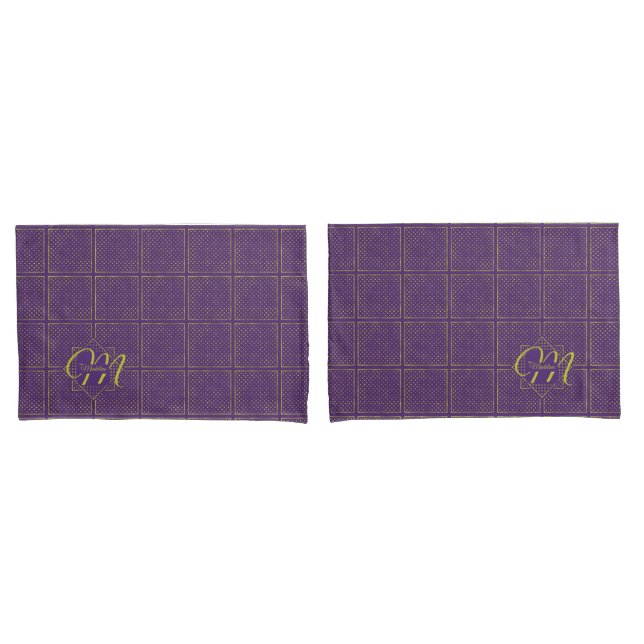 Elegant Gold Foil Polka Dots on Purple Monogram Pillowcase (Front-Set)