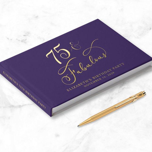 Elegant Gold Foil Purple 75th Birthday Party Guest Book (Creator Uploaded)