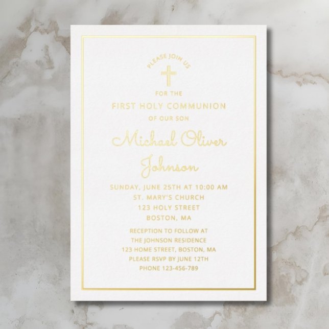 Elegant Gold Foil Script Blue First Communion (Elegant Gold Foil Script Blue First Communion Foil Invitation)