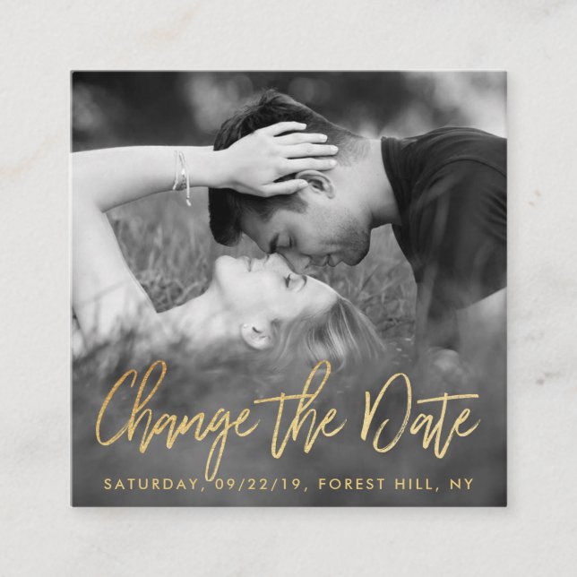Elegant Gold Foil Script Photo Change The Date Enclosure Card (Front)