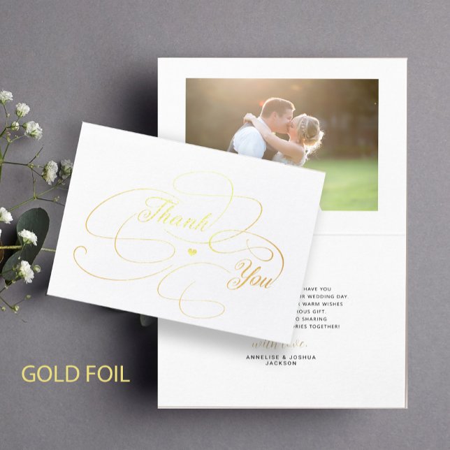 Elegant gold foil script photo wedding thank you foil card (Creator Uploaded)