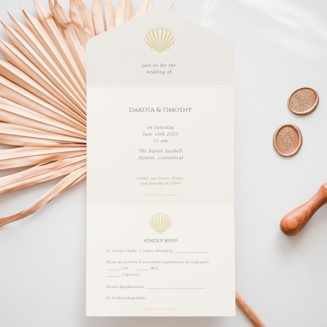 Elegant Gold foil Seashell Wedding  All In One Invitation (Elegant Gold Seashell Wedding All In One Invitation)