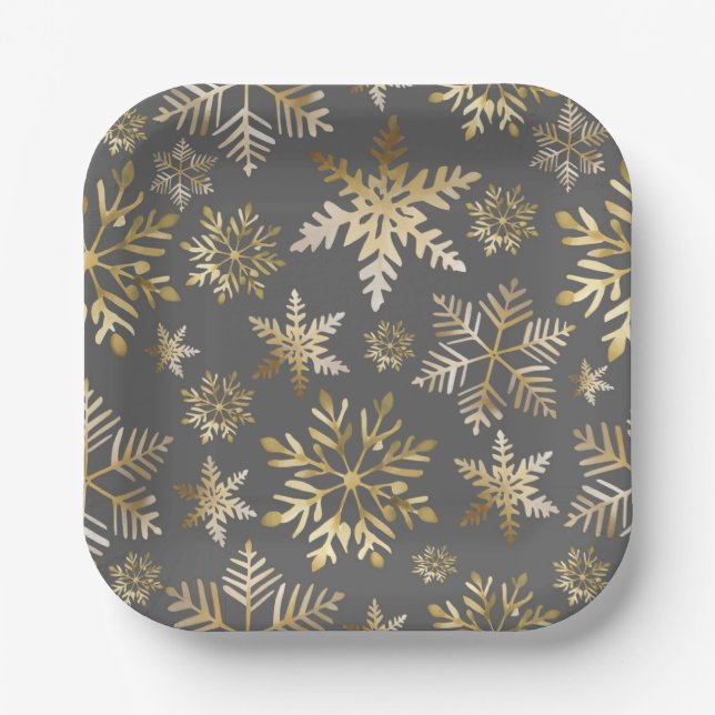 Elegant Gold Foil Snowflakes Grey Christmas Paper Plate (Front)