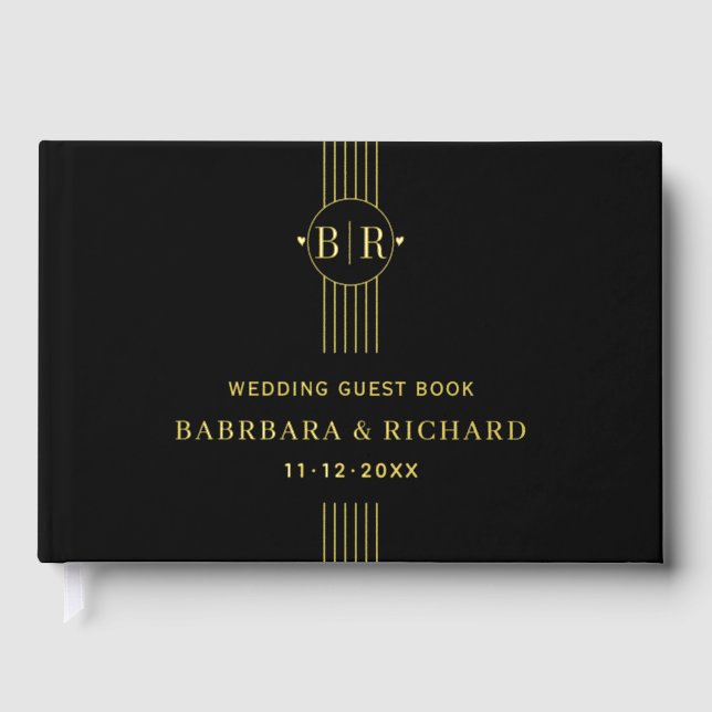 Elegant gold foil stripes, initials black wedding guest book (Front)