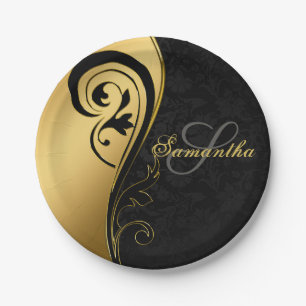 Elegant, gold foil, swirls, black damask, monogram paper plate