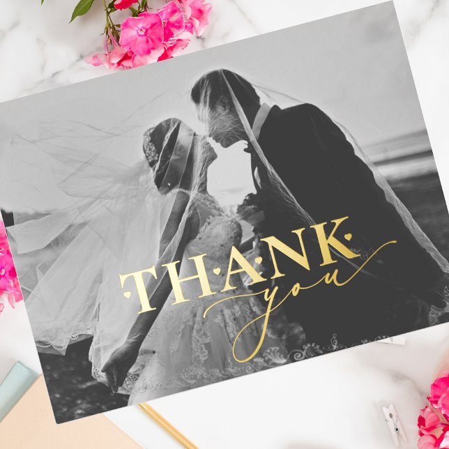 Elegant Gold Foil Thank You Script Heart Wedding Foil Holiday Postcard (Creator Uploaded)