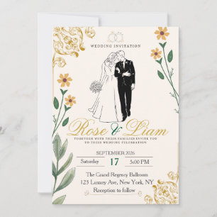 Elegant Gold Foil Vintage Floral Wedding Invitation