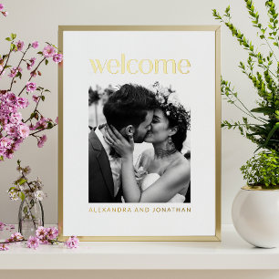Elegant Gold Foil White Photo Wedding Welcome Sign