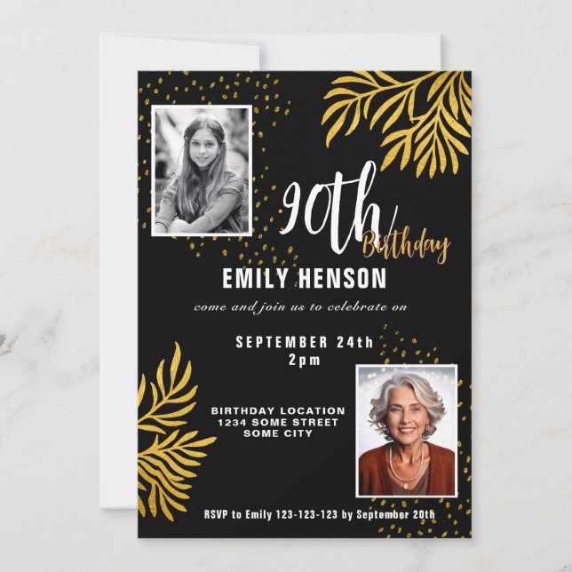  Elegant Gold Foliage 2 Photo 90th Birthday Party  Invitation (Front)