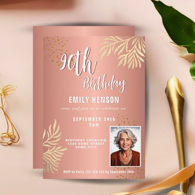  Elegant Gold Foliage 2 Photo 90th Birthday Party  Invitation (Creator Uploaded)