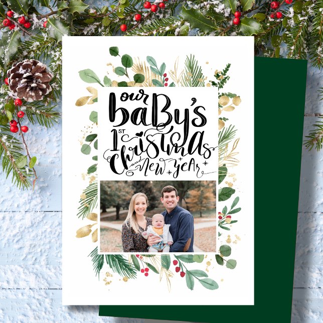 Elegant Gold Foliage Greenery Baby First Christmas Holiday Card (Creator Uploaded)