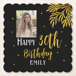 Elegant Gold Foliage Photo 30th Birthday Party Paper Coaster