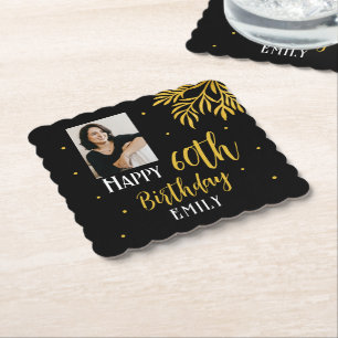 Elegant Gold Foliage Photo 60th Birthday Party Paper Coaster