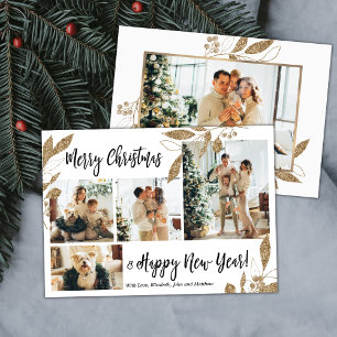 Elegant Gold Foliage Photo Collage Christmas Card