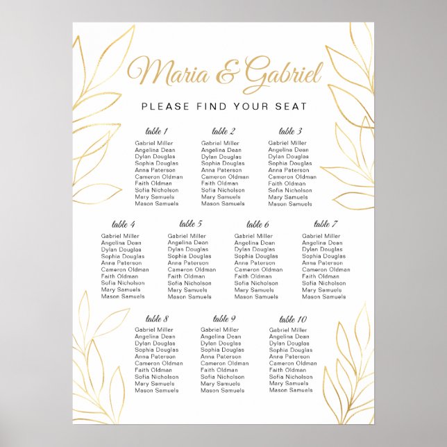 Elegant Gold foliage. Wedding Seating Chart (Front)
