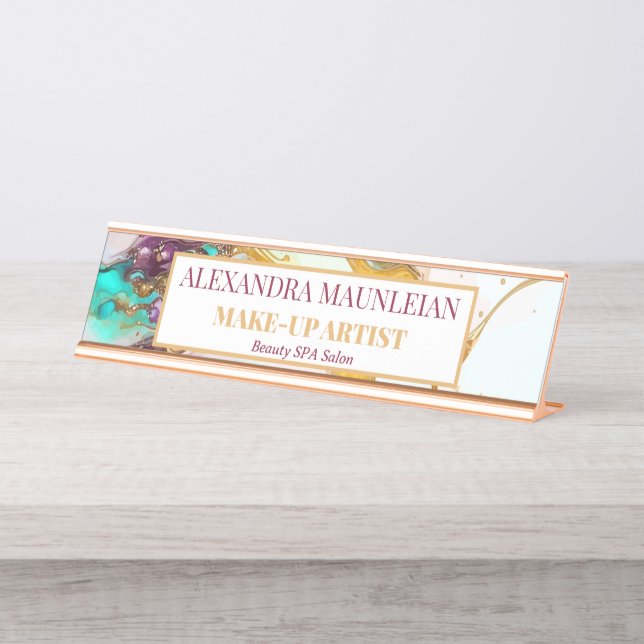 Elegant Gold Fox Marble Monogram Beauty Salon Desk Name Plate (Front)