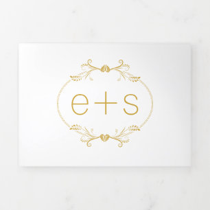 Elegant gold frame and initials monogram wedding Tri-Fold invitation