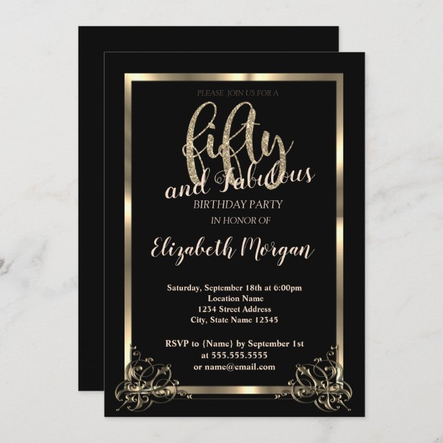 Elegant Gold Frame, Black 50th Birthday Party Invitation (Front/Back)