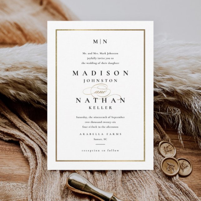 Elegant Gold Frame Black and White Wedding Invitation (Creator Uploaded)