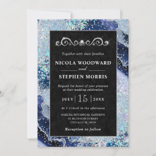 Elegant Gold Frame Blue and Silver Agate Wedding Invitation