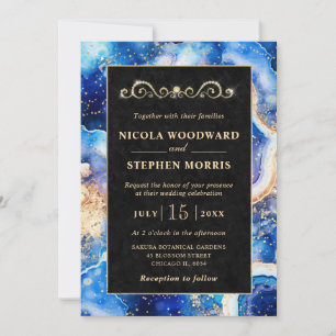 Elegant Gold Frame Blue Celestial Agate Wedding Invitation