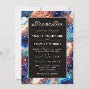 Elegant Gold Frame Blue Celestial Agate Wedding Invitation
