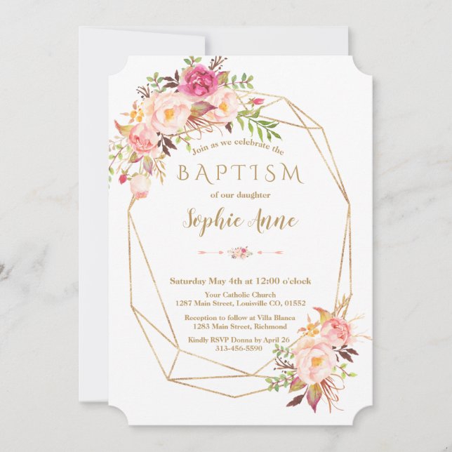 Elegant Gold Frame Blush Pink Floral Baptism Invitation (Front)
