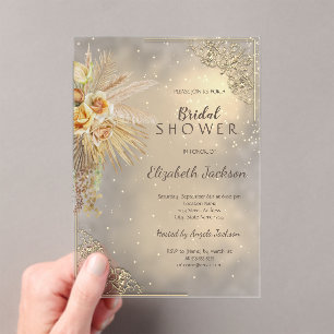 Elegant Gold Frame Boho Flowers Bridal Shower Acrylic Invitations