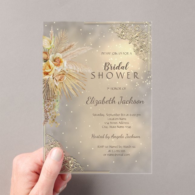 Elegant Gold Frame Boho Flowers Bridal Shower Acrylic Invitations (Insitu (Handheld))