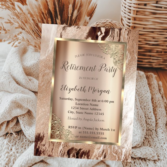 Elegant Gold Frame,Brown Marble Retirement  Invitation (Creator Uploaded)