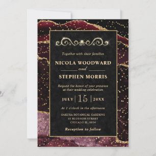 Elegant Gold Frame Burgundy Red Agate Wedding Invitation