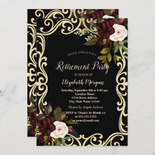 Elegant Gold Frame Burgundy Roses Black Retirement Invitation