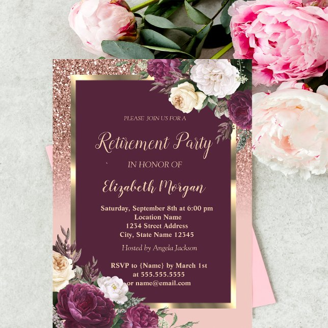 Elegant  Gold Frame Burgundy Roses Retirement  Invitation (Creator Uploaded)