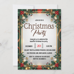 Elegant Gold Frame Christmas Party Invitation