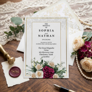 Elegant Gold Frame Classic Floral Wedding Invitation