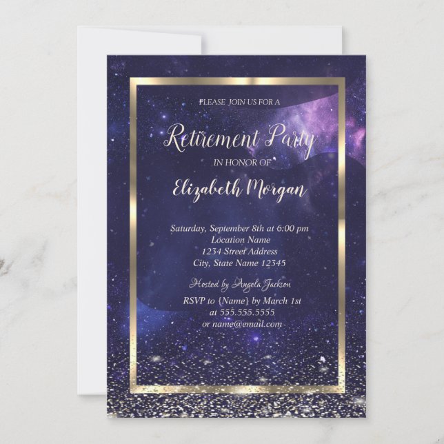 Elegant Gold Frame Confetti Cool Purple Retirement Invitation (Front)