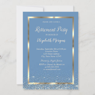 Elegant Gold Frame Confetti Light Blue Retirement Invitation