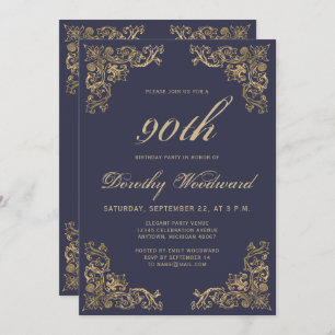 Elegant Gold Frame Dark Navy Blue Birthday Party Invitation