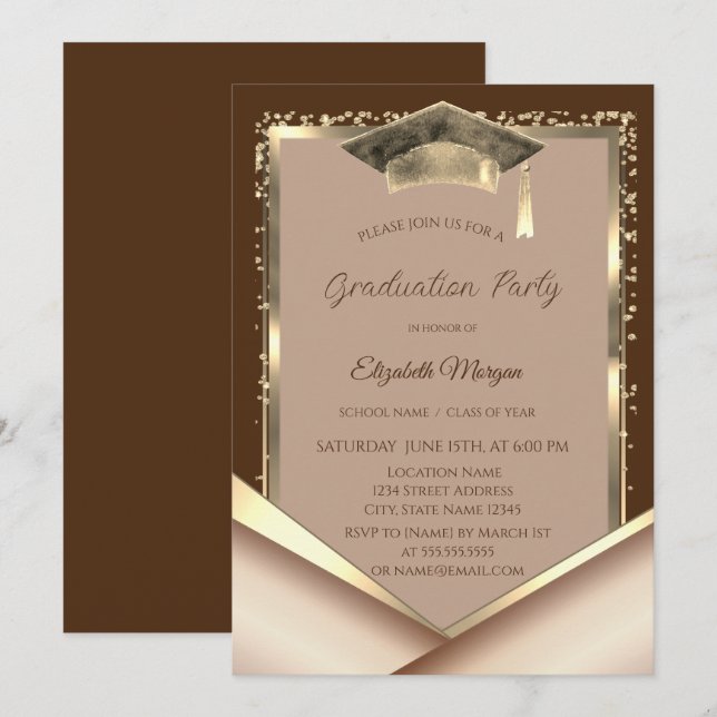 Elegant Gold Frame Diamonds Brown Graduation Invitation (Front/Back)