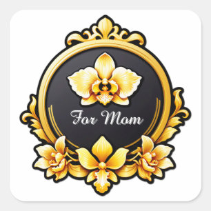 Elegant Gold Frame Emblem With White Orchid Square Sticker
