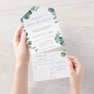 Elegant Gold Frame Eucalyptus Menu Choice Wedding  All In One Invitation