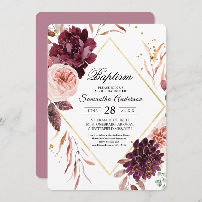 Elegant Gold Frame Floral Red & Pink Invitation (Front/Back)